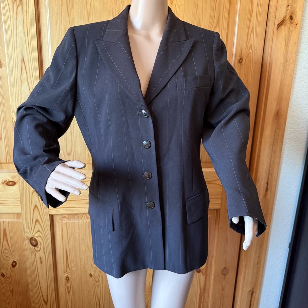 Emanuel Ungaro Blazer Jacket Brown Pinstripe Size Petite 12 Virgin Wool